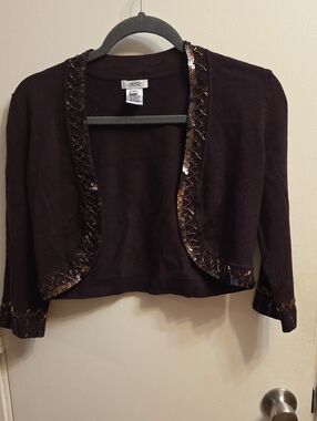 Cache Black Cropped Cardigan with Bronze Sequin Trim